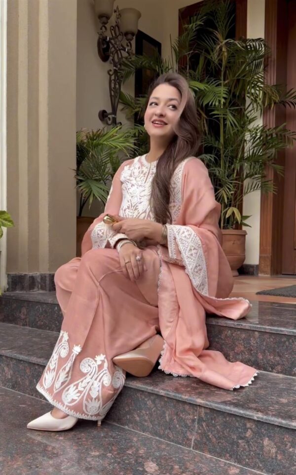 Buy Dull Satin Silk Embroidered Top with Palazzo and Dupatta Set - Image 5