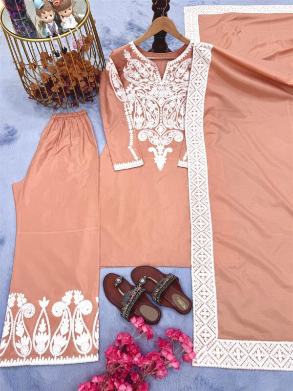 Buy Dull Satin Silk Embroidered Top with Palazzo and Dupatta Set - Image 11