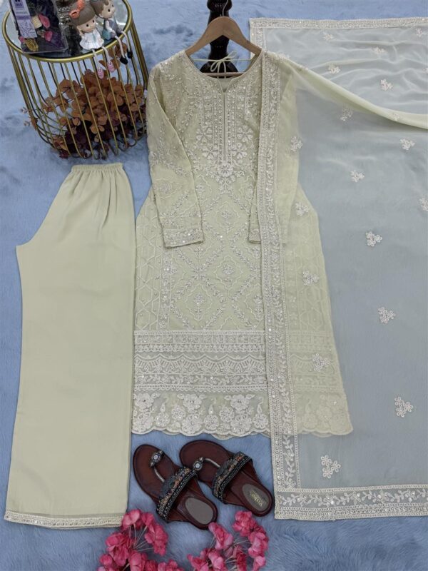 Shop Heavy Faux Georgette Embroidered Top with Palazzo and Dupatta Set - Image 8