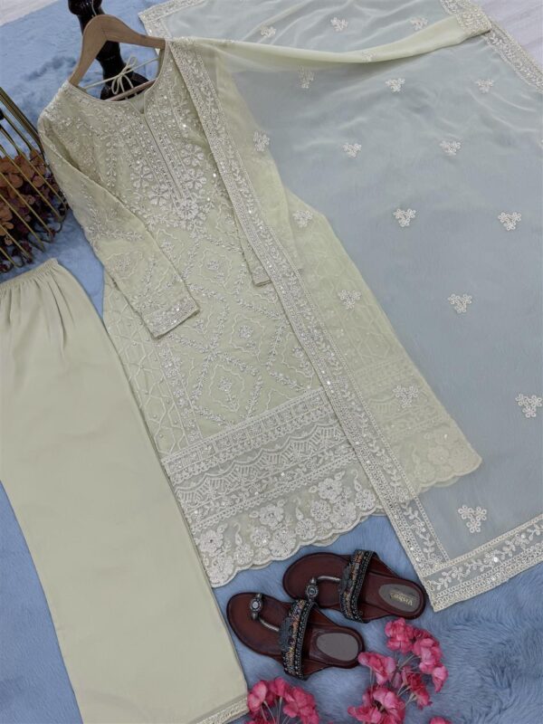 Shop Heavy Faux Georgette Embroidered Top with Palazzo and Dupatta Set - Image 9