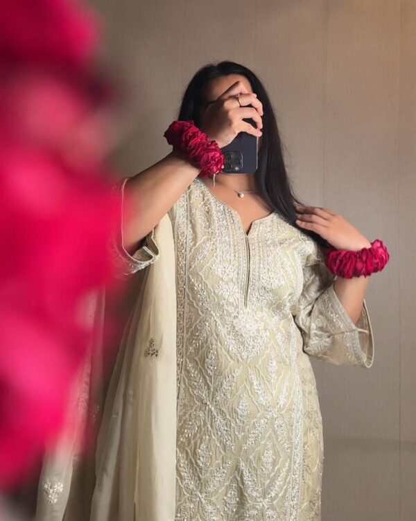 Shop Heavy Faux Georgette Embroidered Top with Palazzo and Dupatta Set - Image 5
