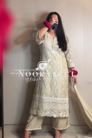 Shop Heavy Faux Georgette Embroidered Top with Palazzo and Dupatta Set