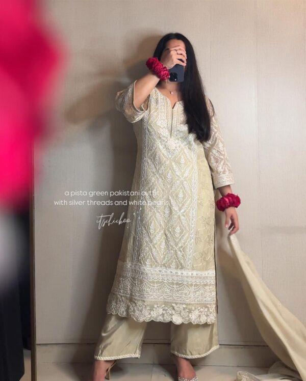 Shop Heavy Faux Georgette Embroidered Top with Palazzo and Dupatta Set