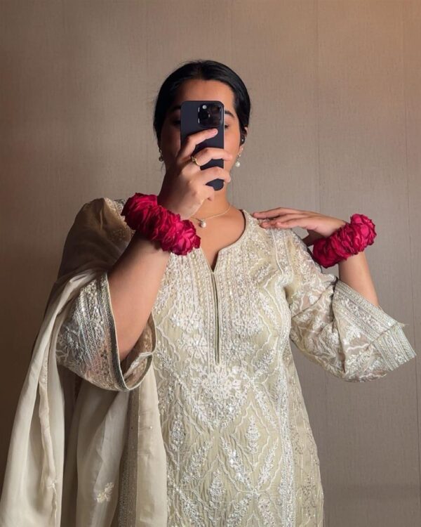 Shop Heavy Faux Georgette Embroidered Top with Palazzo and Dupatta Set - Image 4