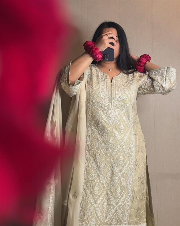 Shop Heavy Faux Georgette Embroidered Top with Palazzo and Dupatta Set - Image 2