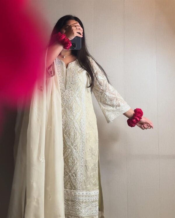 Shop Heavy Faux Georgette Embroidered Top with Palazzo and Dupatta Set - Image 3