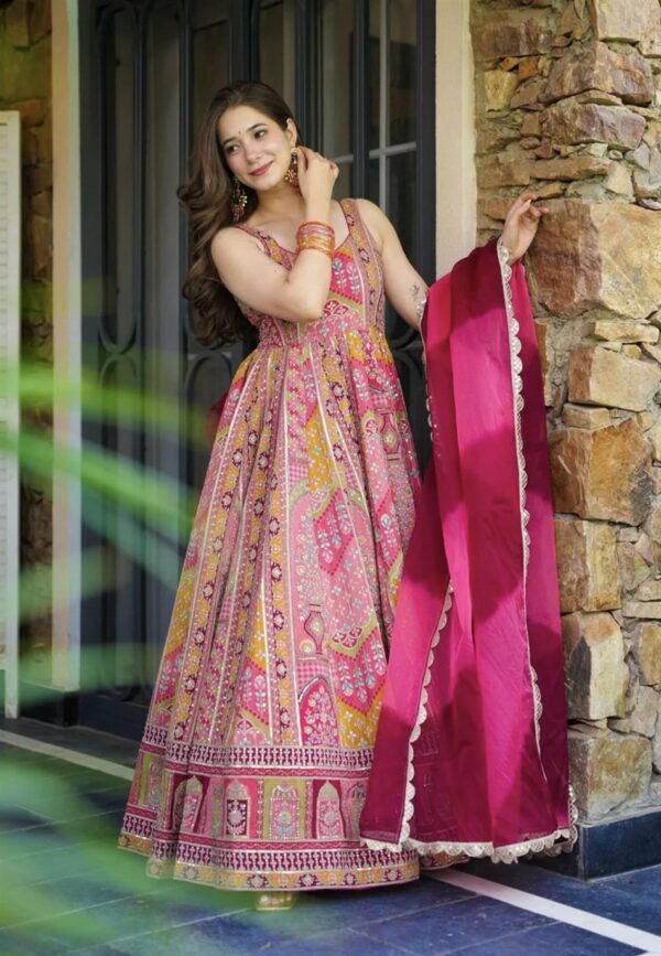 Shop Designer Japansatin Silk Kali Flair Gown Set with Digital Foil Print & Dupatta – Party Wear - Image 6