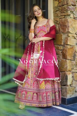 Shop Designer Japansatin Silk Kali Flair Gown Set with Digital Foil Print & Dupatta – Party Wear