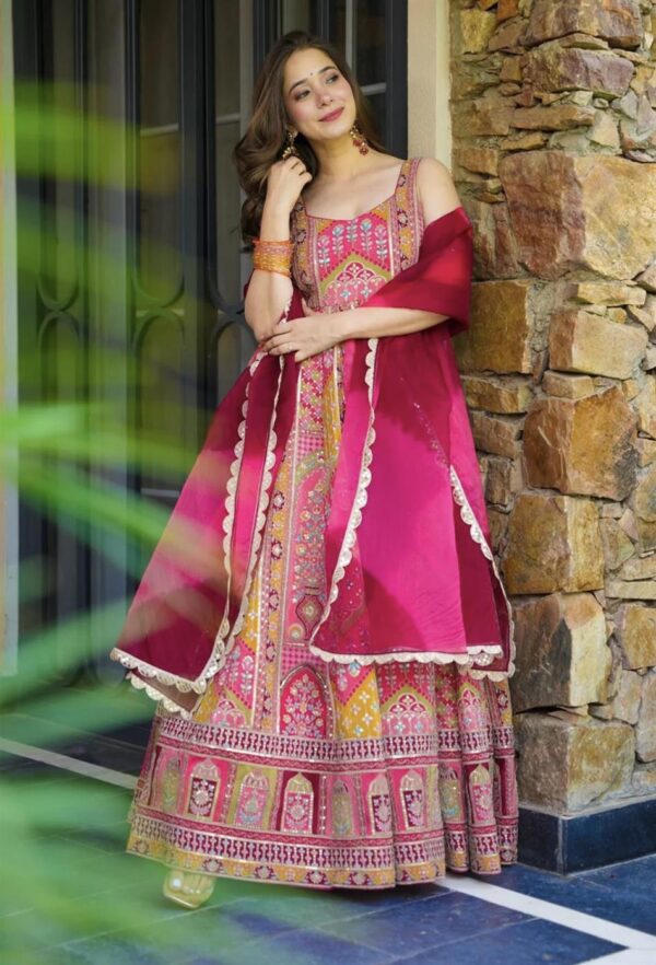 Shop Designer Japansatin Silk Kali Flair Gown Set with Digital Foil Print & Dupatta – Party Wear