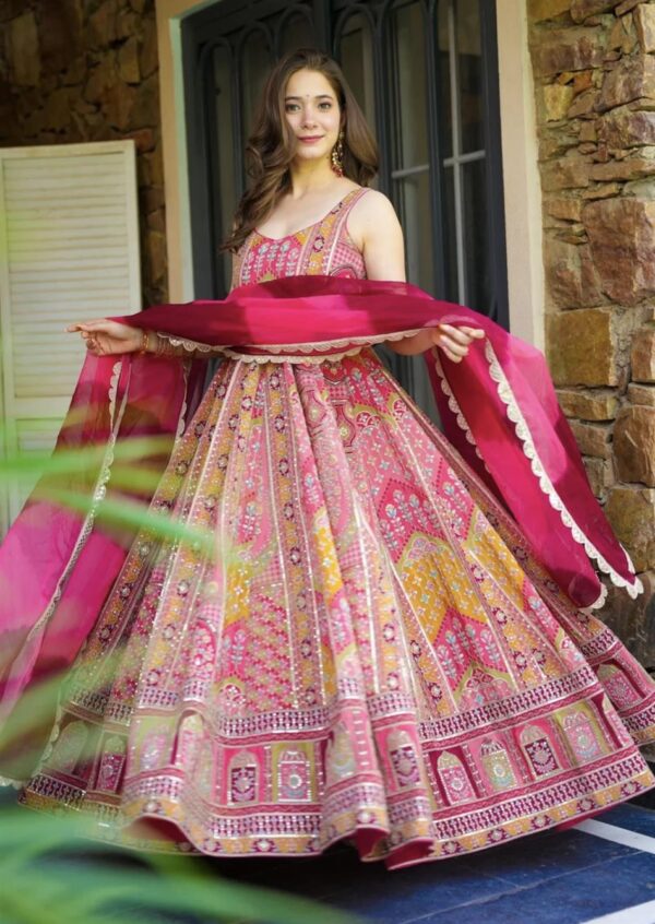 Shop Designer Japansatin Silk Kali Flair Gown Set with Digital Foil Print & Dupatta – Party Wear - Image 5