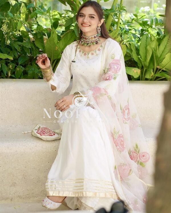 Buy Natural Crepe Embroidered Top with Sharara Palazzo & Printed Dupatta Set - Image 2