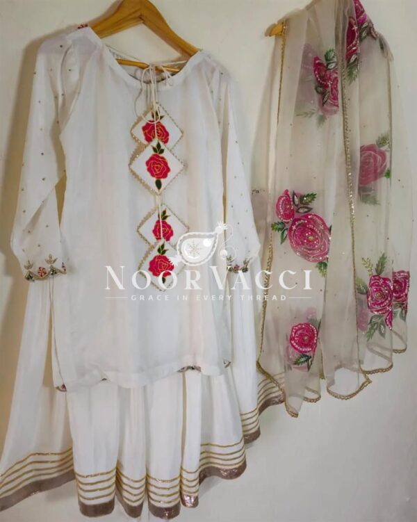 Buy Natural Crepe Embroidered Top with Sharara Palazzo & Printed Dupatta Set - Image 12
