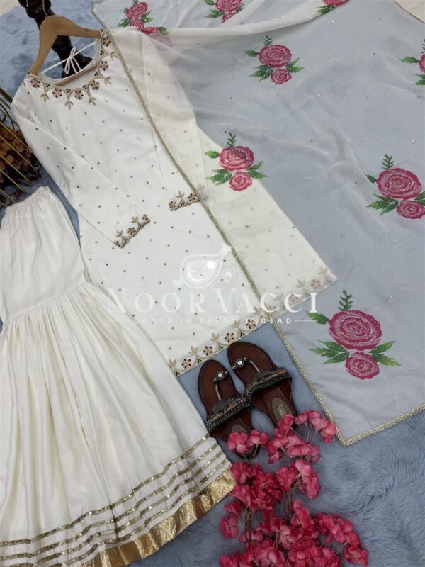 Buy Natural Crepe Embroidered Top with Sharara Palazzo & Printed Dupatta Set - Image 8