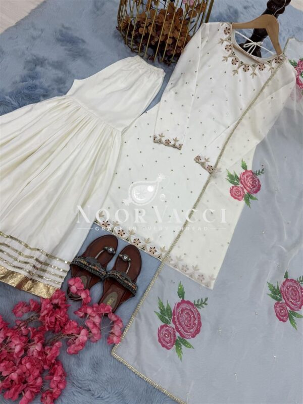 Buy Natural Crepe Embroidered Top with Sharara Palazzo & Printed Dupatta Set - Image 9