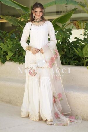 Buy Natural Crepe Embroidered Top with Sharara Palazzo & Printed Dupatta Set