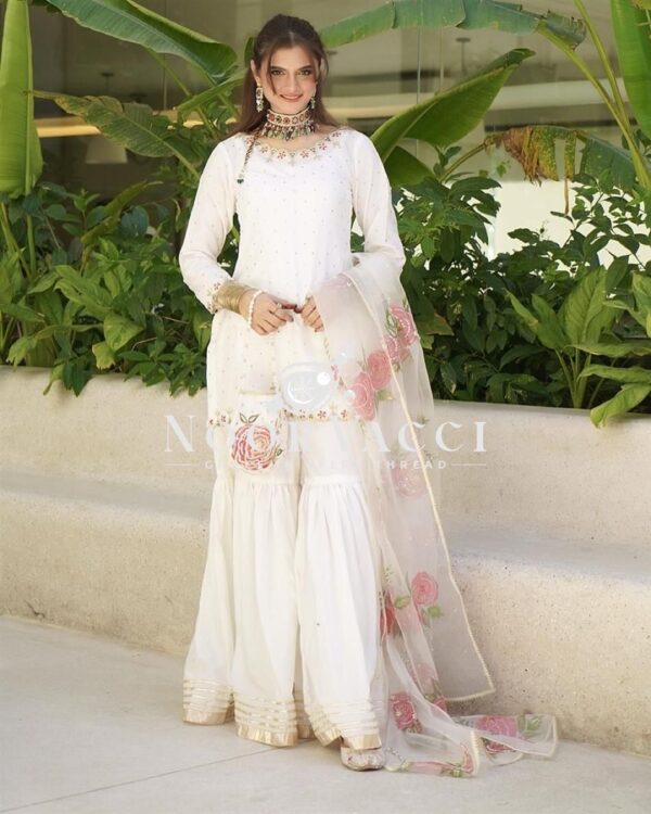 Buy Natural Crepe Embroidered Top with Sharara Palazzo & Printed Dupatta Set