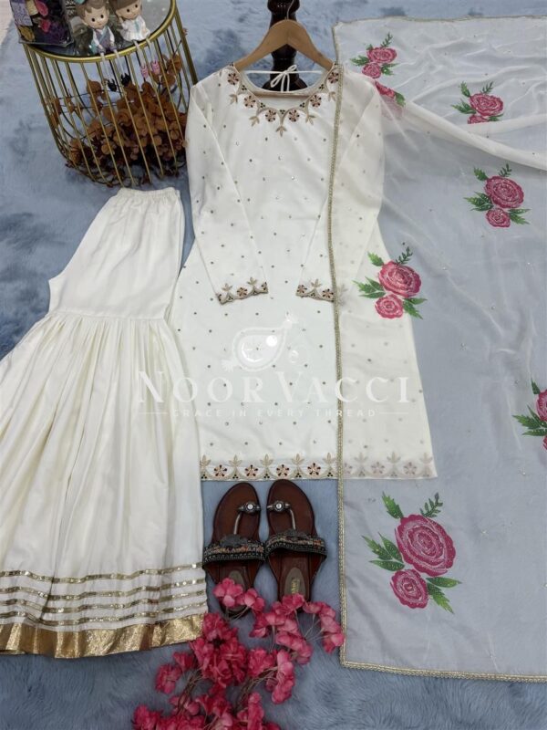 Buy Natural Crepe Embroidered Top with Sharara Palazzo & Printed Dupatta Set - Image 10