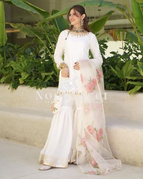 Buy Natural Crepe Embroidered Top with Sharara Palazzo & Printed Dupatta Set - Image 3