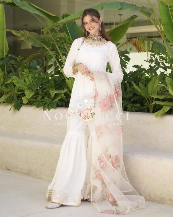 Buy Natural Crepe Embroidered Top with Sharara Palazzo & Printed Dupatta Set - Image 4