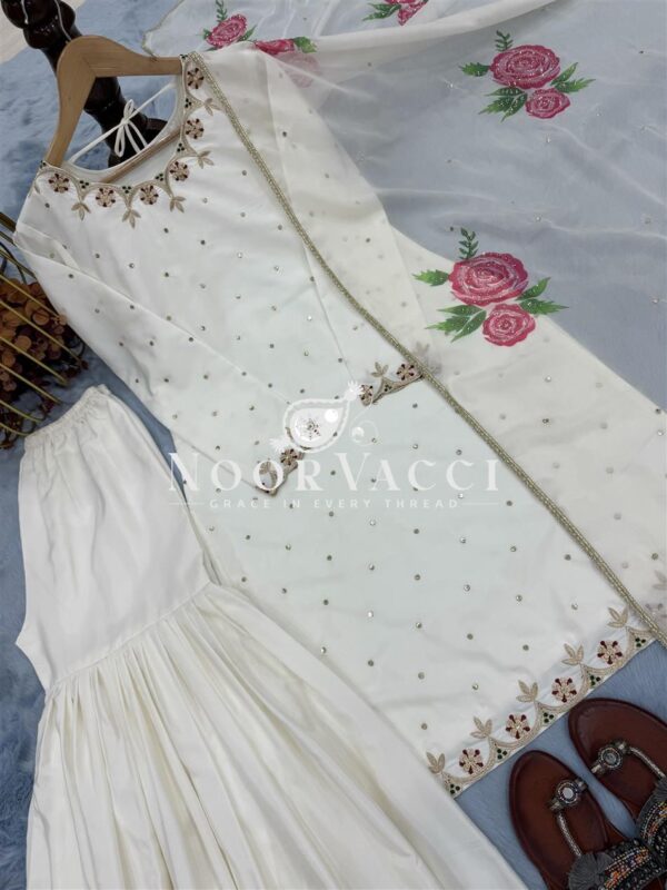 Buy Natural Crepe Embroidered Top with Sharara Palazzo & Printed Dupatta Set - Image 7