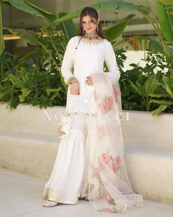 Buy Natural Crepe Embroidered Top with Sharara Palazzo & Printed Dupatta Set - Image 6