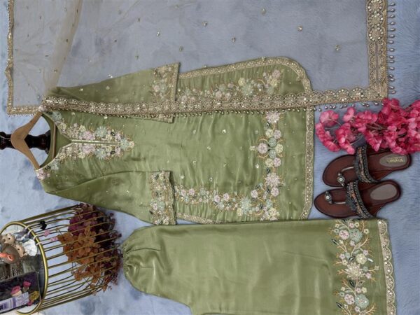 Shop Jimmy Choo Embroidered Top & Plazzo Set with Diamond & Moti Work + Net Dupatta - Image 4