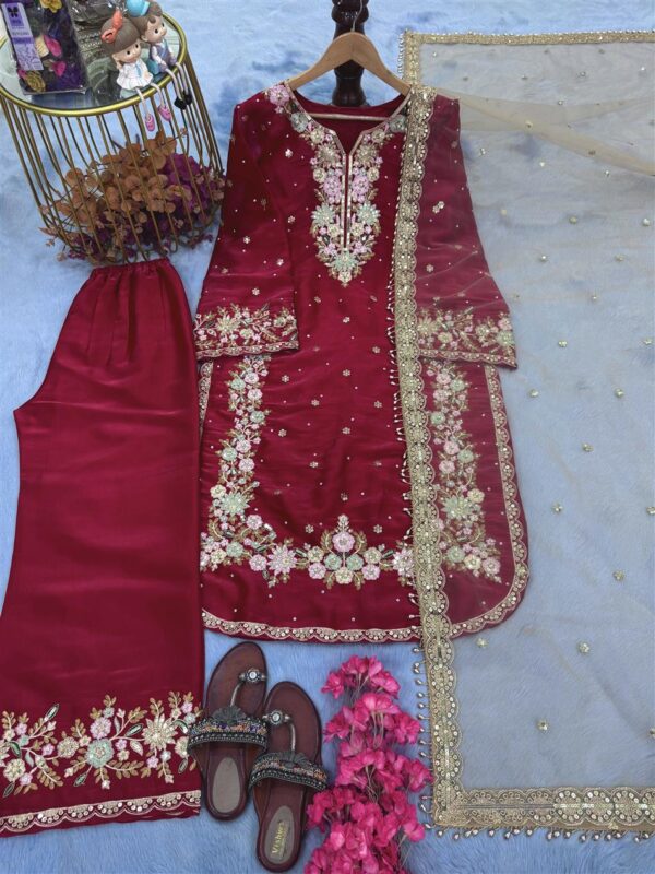 Buy Jimmy Choo Embroidered Top & Plazzo Set with Diamond & Moti Work + Net Dupatta - Image 2