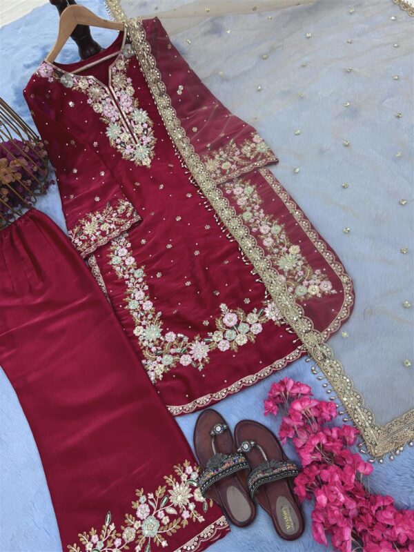 Buy Jimmy Choo Embroidered Top & Plazzo Set with Diamond & Moti Work + Net Dupatta - Image 5