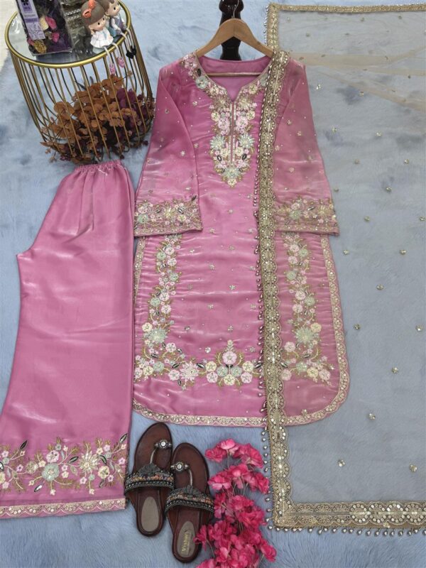 Shop Jimmy Choo Embroidered Top & Plazzo Set with Diamond & Moti Work + Net Dupatta - Image 3