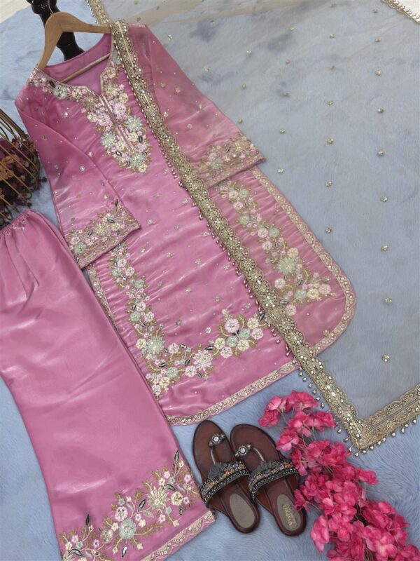 Shop Jimmy Choo Embroidered Top & Plazzo Set with Diamond & Moti Work + Net Dupatta - Image 4
