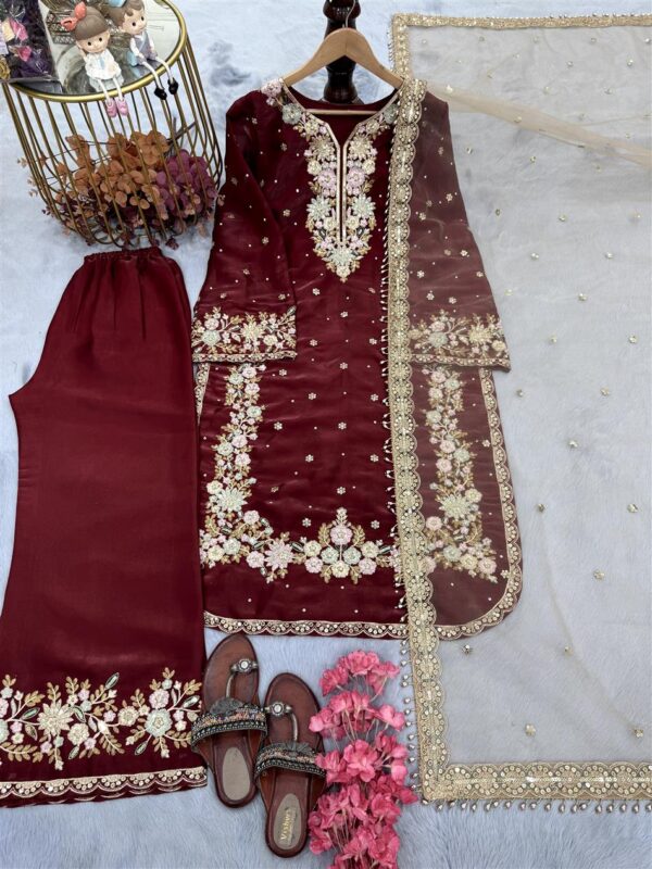 Buy Jimmy Choo Embroidered Top & Plazzo Set with Diamond & Moti Work + Net Dupatta - Image 3