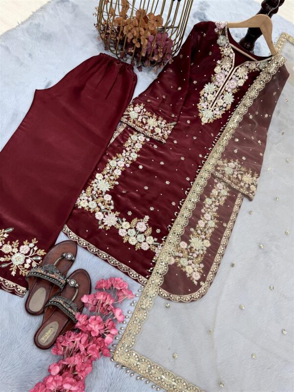 Buy Jimmy Choo Embroidered Top & Plazzo Set with Diamond & Moti Work + Net Dupatta - Image 4