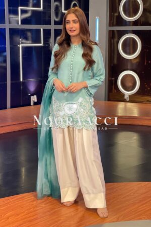 Buy Heavy Georgette Embroidered Top with Farshi Pant and Printed Dupatta