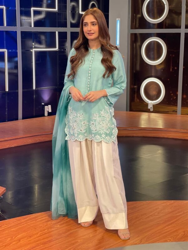 Buy Heavy Georgette Embroidered Top with Farshi Pant and Printed Dupatta