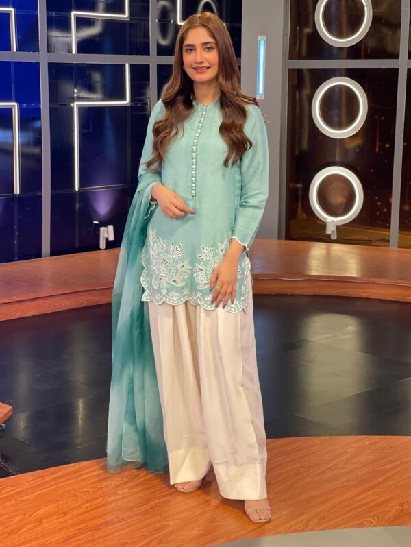 Buy Heavy Georgette Embroidered Top with Farshi Pant and Printed Dupatta - Image 2