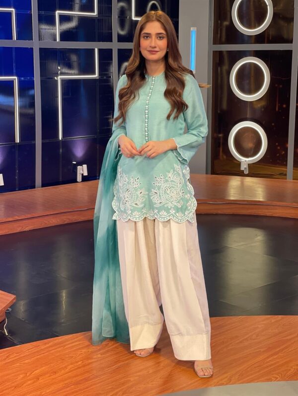 Buy Heavy Georgette Embroidered Top with Farshi Pant and Printed Dupatta - Image 3