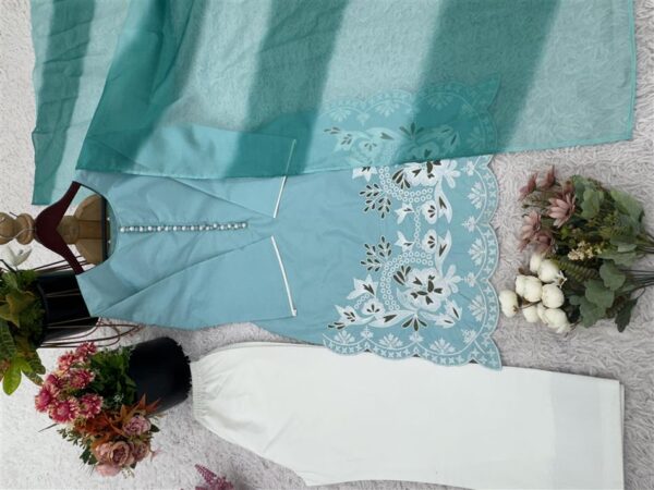 Buy Heavy Georgette Embroidered Top with Farshi Pant and Printed Dupatta - Image 6