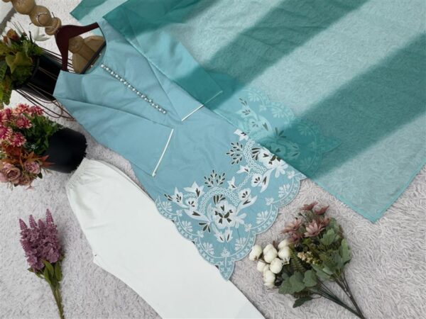 Buy Heavy Georgette Embroidered Top with Farshi Pant and Printed Dupatta - Image 4