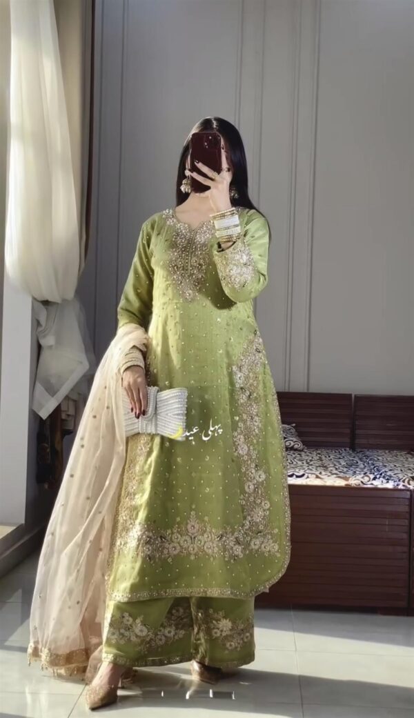 Shop Jimmy Choo Embroidered Top & Plazzo Set with Diamond & Moti Work + Net Dupatta - Image 5