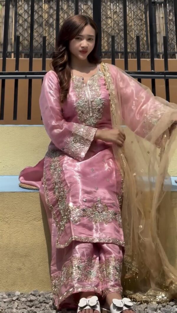 Shop Jimmy Choo Embroidered Top & Plazzo Set with Diamond & Moti Work + Net Dupatta - Image 2