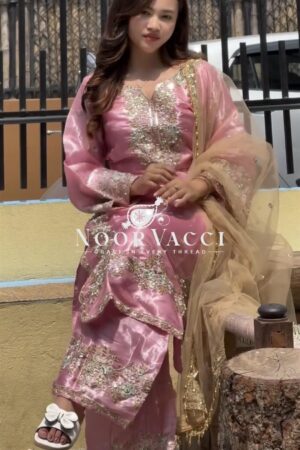 Shop Jimmy Choo Embroidered Top & Plazzo Set with Diamond & Moti Work + Net Dupatta