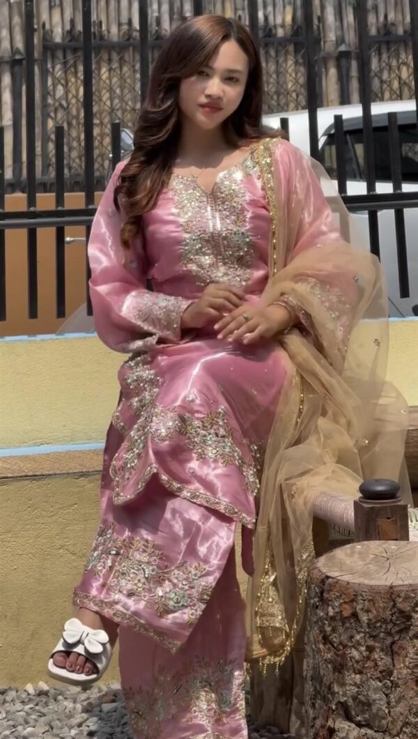 Shop Jimmy Choo Embroidered Top & Plazzo Set with Diamond & Moti Work + Net Dupatta