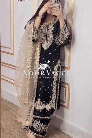 Shop Jimmy Choo Embroidered Top & Plazzo Set with Diamond & Moti Work + Net Dupatta