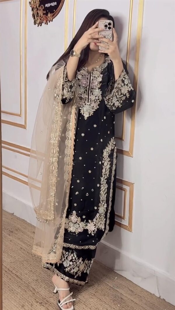 Shop Jimmy Choo Embroidered Top & Plazzo Set with Diamond & Moti Work + Net Dupatta