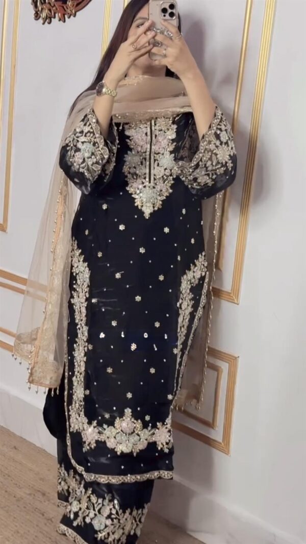 Shop Jimmy Choo Embroidered Top & Plazzo Set with Diamond & Moti Work + Net Dupatta - Image 2