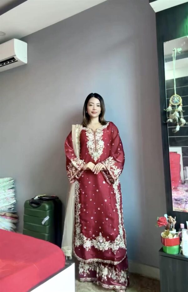 Buy Jimmy Choo Embroidered Top & Plazzo Set with Diamond & Moti Work + Net Dupatta