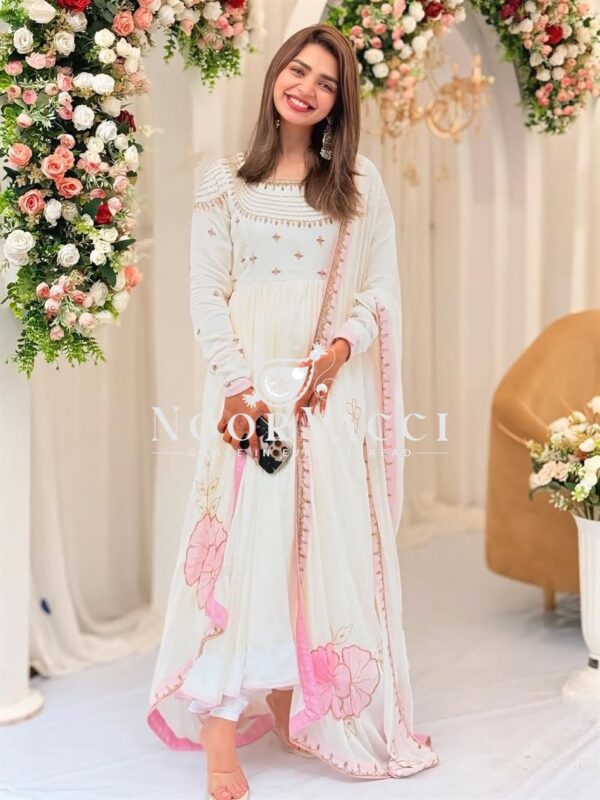 Shop Heavy Georgette Embroidered Gown with Printed Dupatta and Bottom