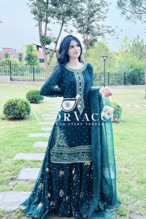 Shop Heavy Faux Georgette Embroidered Top & Plazzo Set with Organza Dupatta