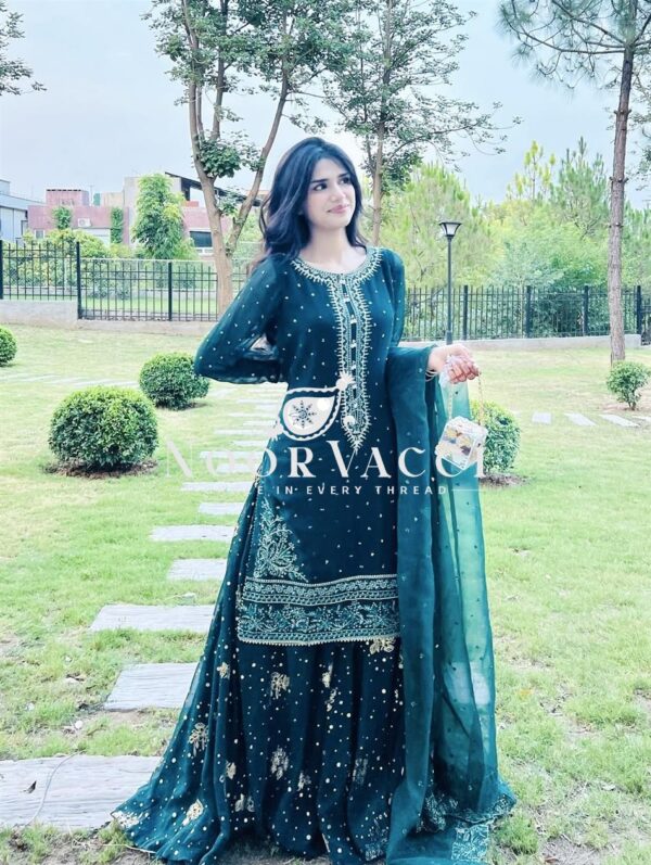 Shop Heavy Faux Georgette Embroidered Top & Plazzo Set with Organza Dupatta