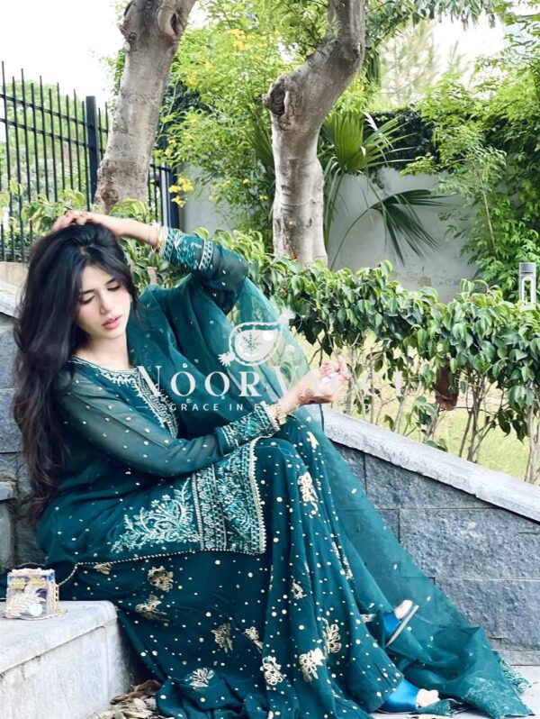 Shop Heavy Faux Georgette Embroidered Top & Plazzo Set with Organza Dupatta - Image 3